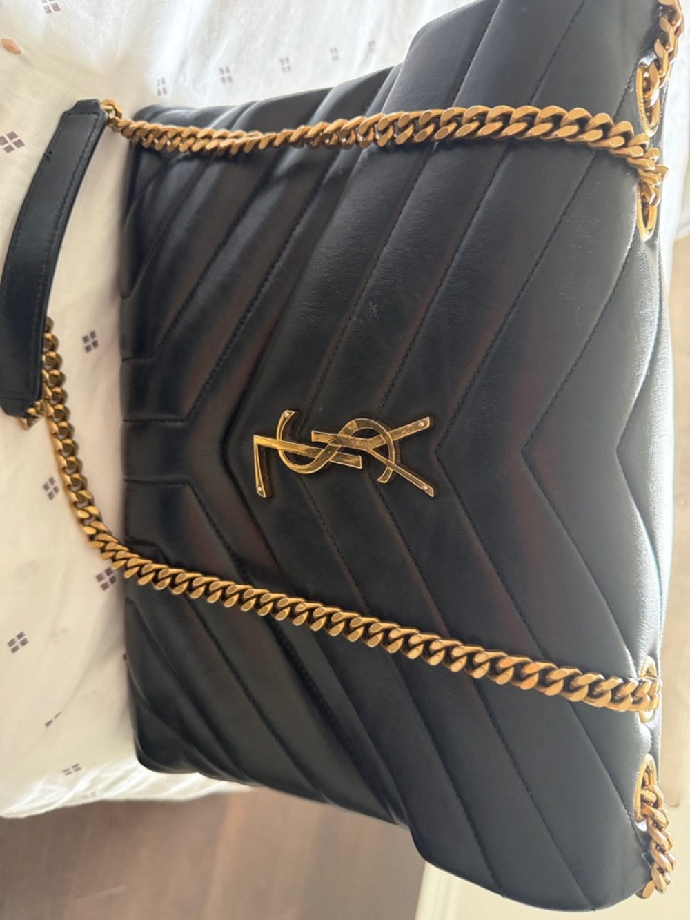 Saint Laurent Black Chevron Quilted Leather Shoulder Bag with Gold Hardware